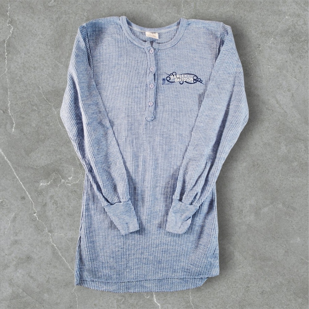 Vintage Harley Davidson Thermal Shirt Women Medium Blue 1987 Holubek Waffle Knit - Picture 1 of 12